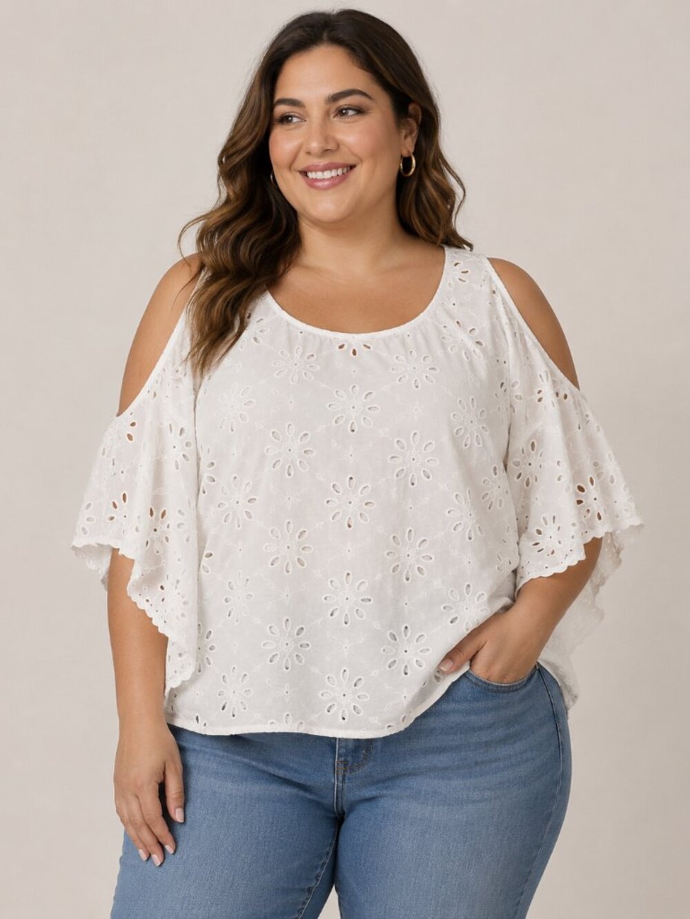 Lane Bryant 18/20 White Eyelet Cold Shoulder Flutter Sleeve Cotton Blouse